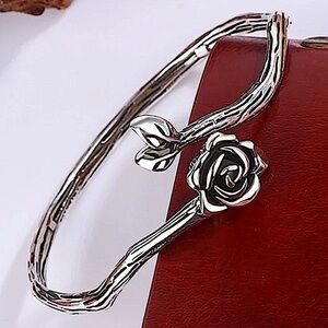 Flower Sterling Silver Bangle Cuff Bracelet